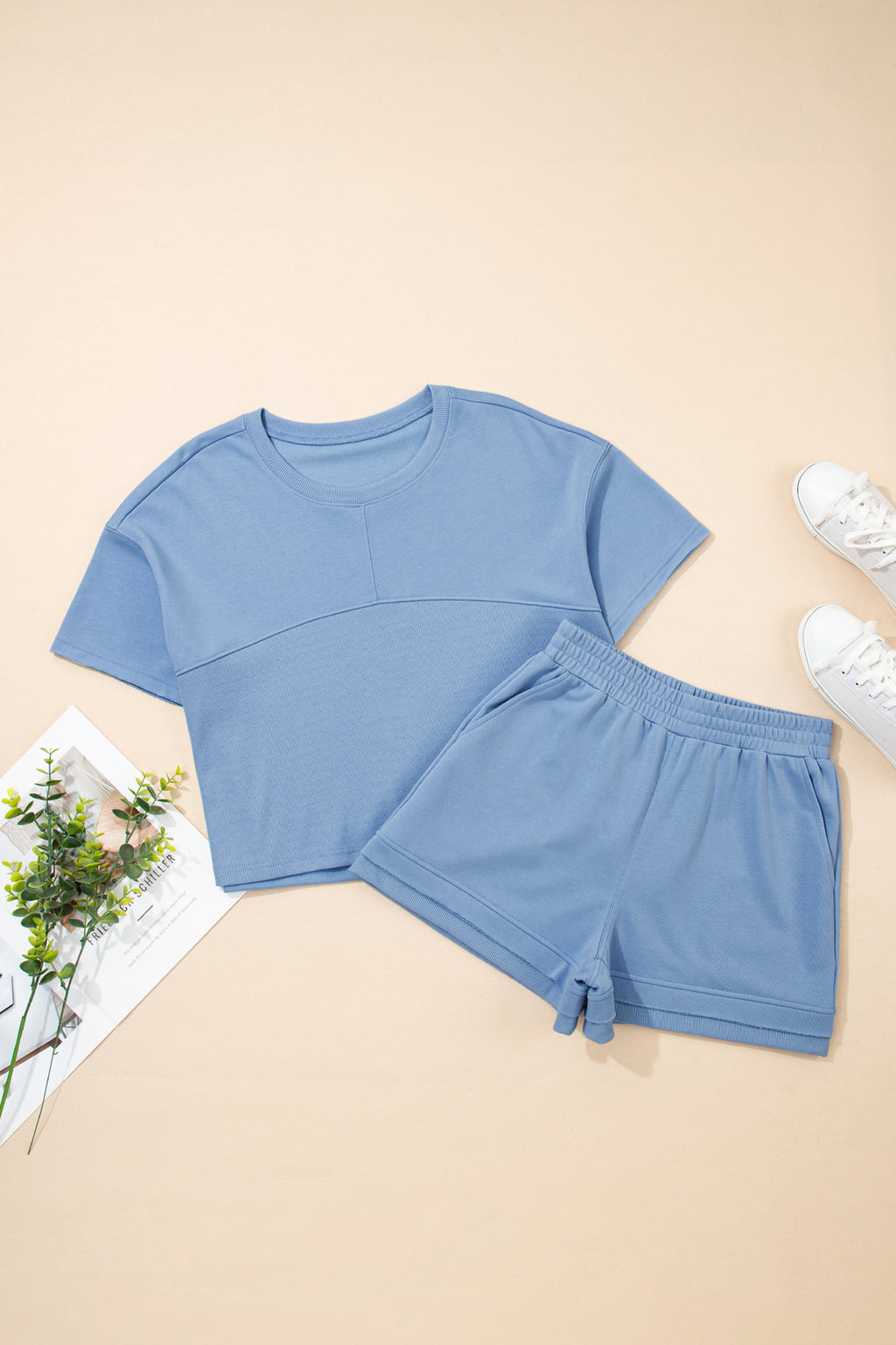 Mist Blue Solid Color Loose Tee Drawstring Wide Leg Pants 2pcs Outfit