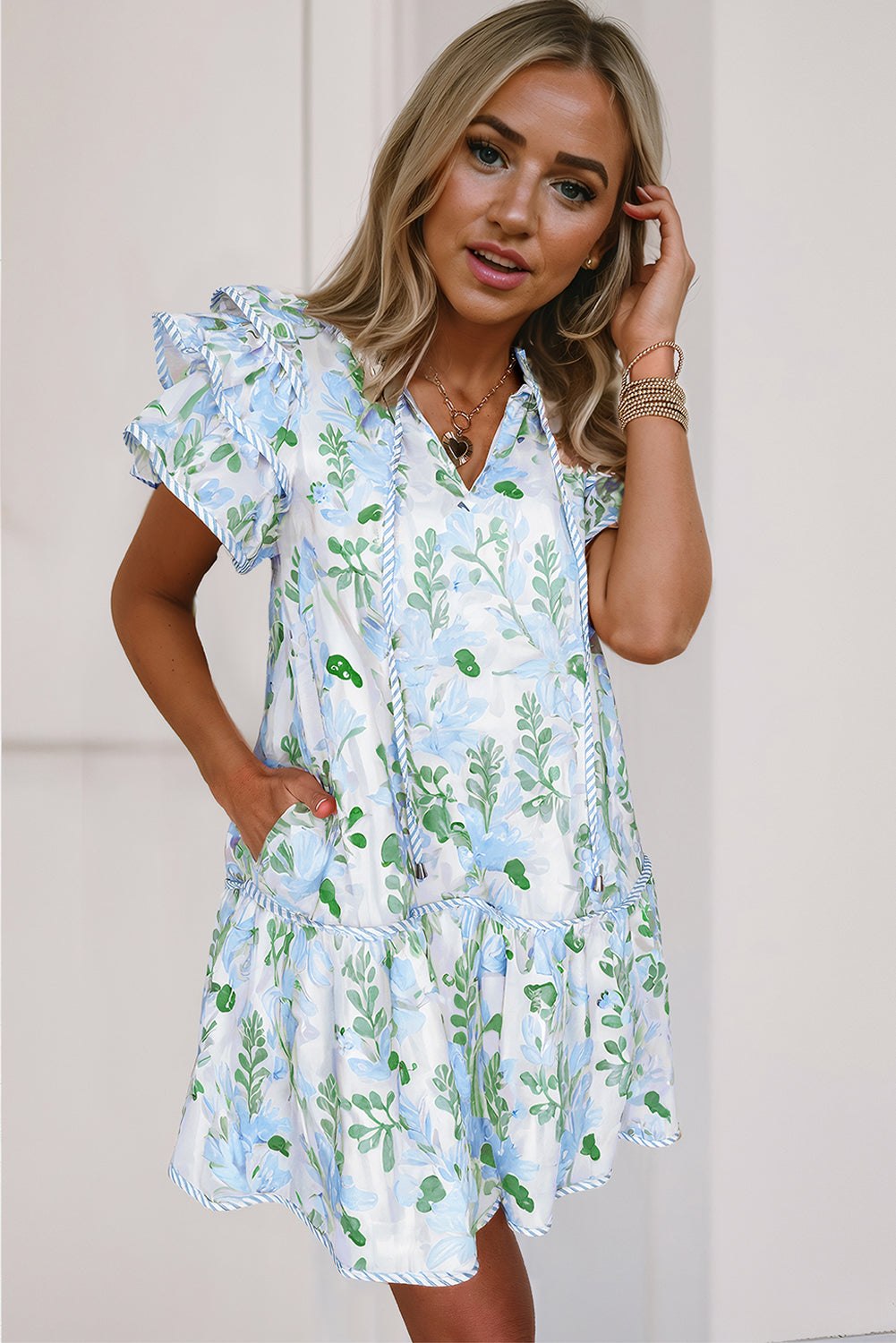 Pink Plus Size Floral Print Striped Detail Short Summer Dress