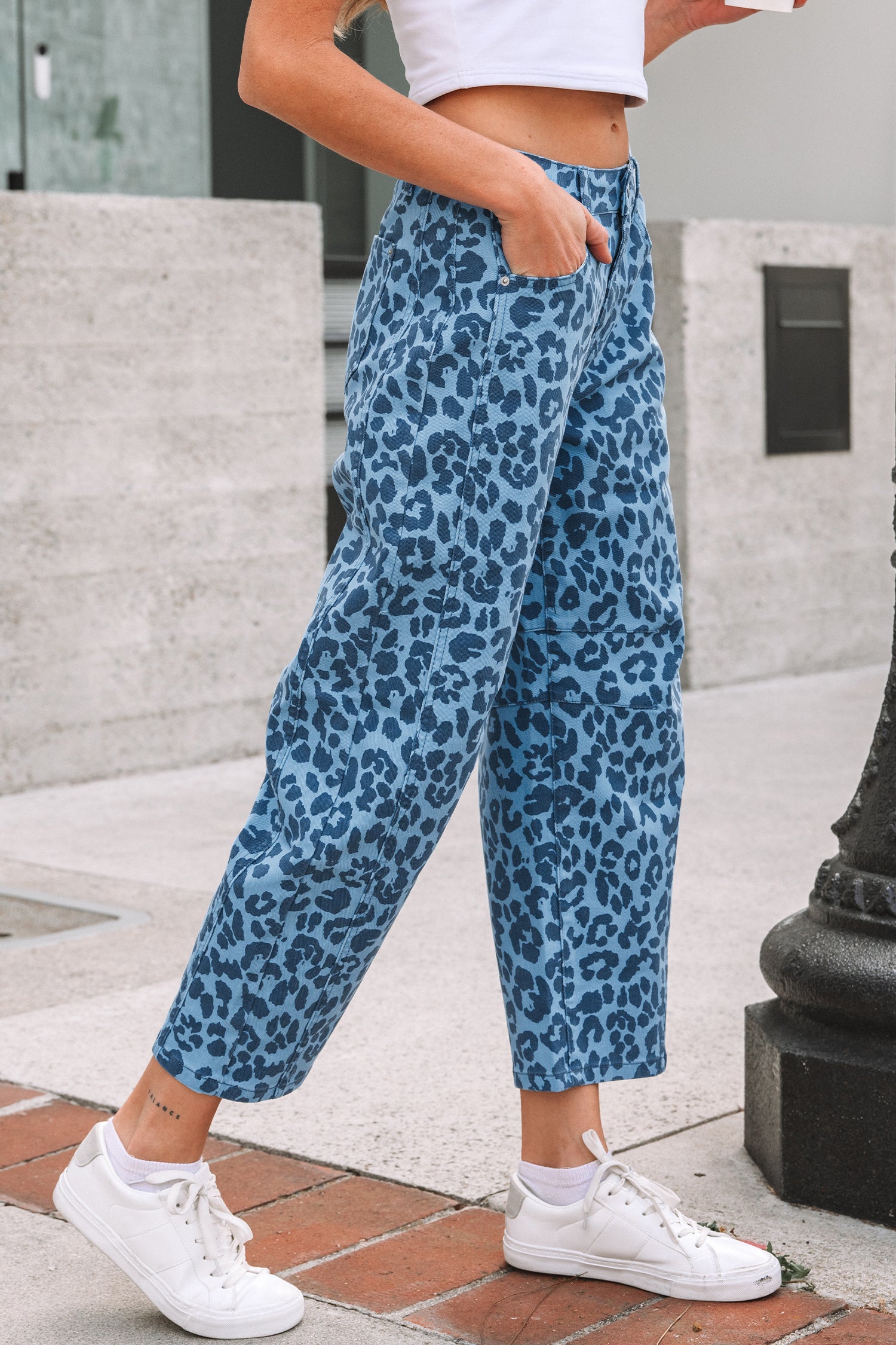 Khaki Leopard Print Straight Loose Jeans