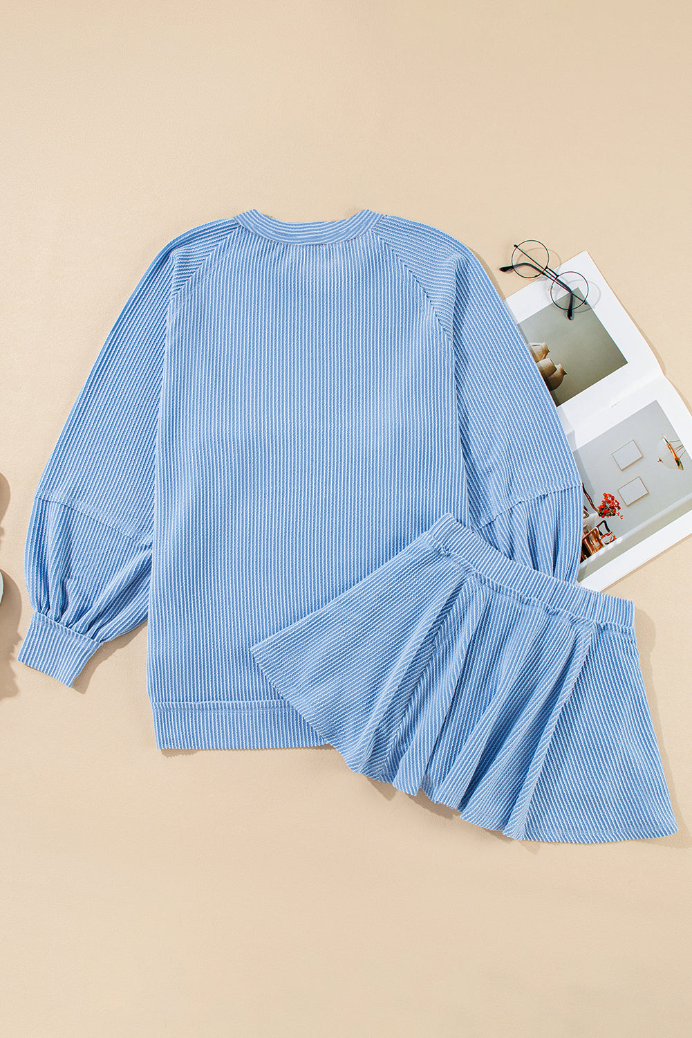 Jet Stream Corded Lantern Sleeve Top High Waist Ruffled Mini Skort Set