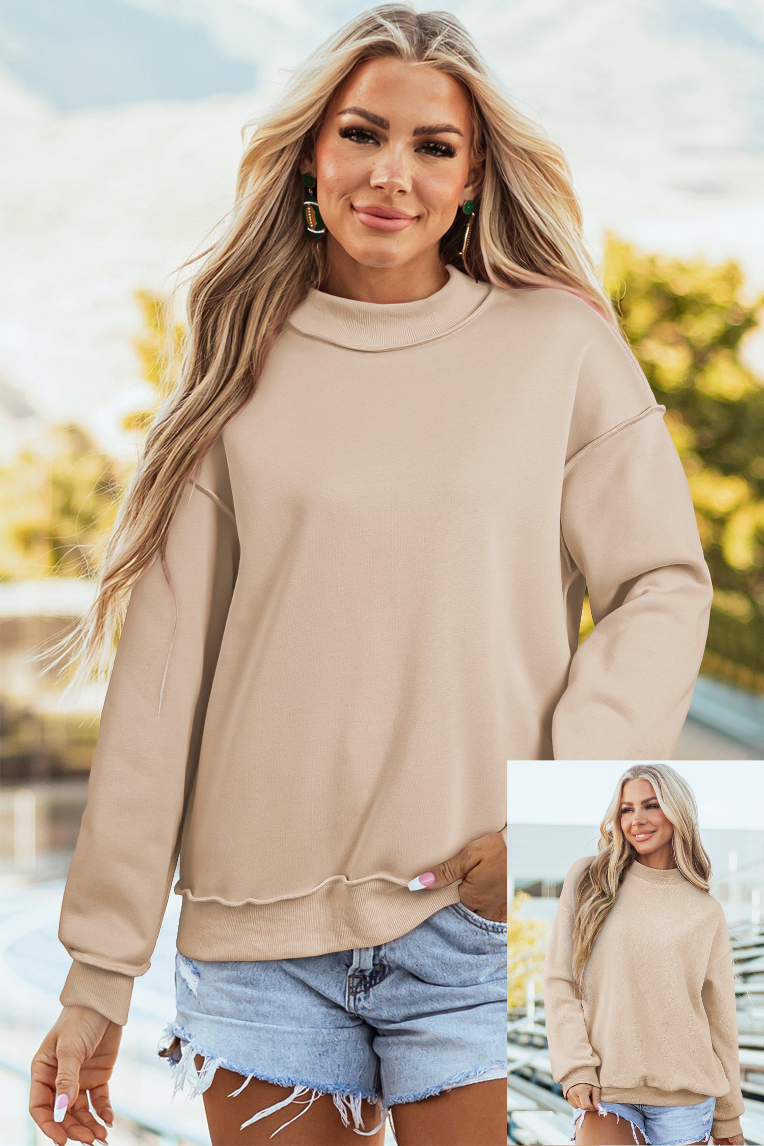 Bright Pink Oversize Blessed Embroidered Mock Neck Sweatshirt