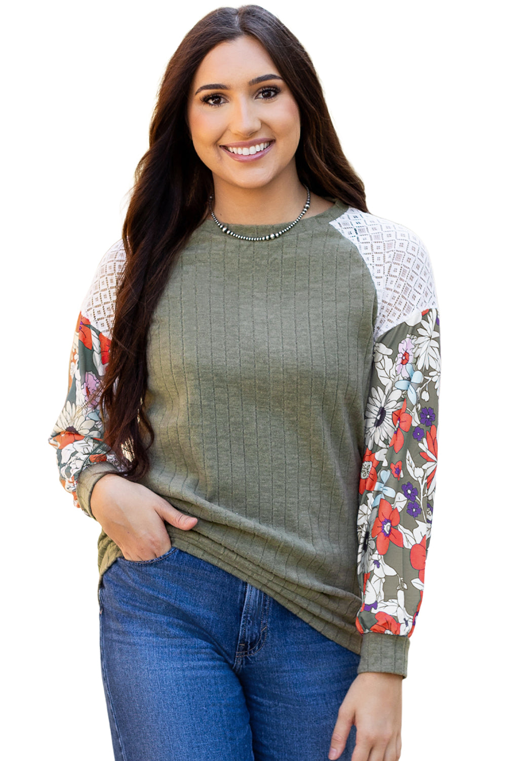 Vineyard Green Plus Size Textured Floral Patchwork Raglan Sleeve Blouse