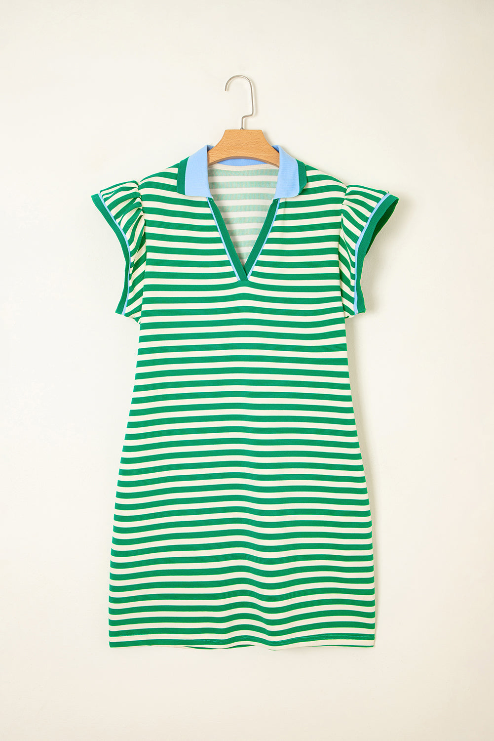 Sachet Pink Stripe Print Contrast Collar Split Neck Flutter Sleeve Short Dress