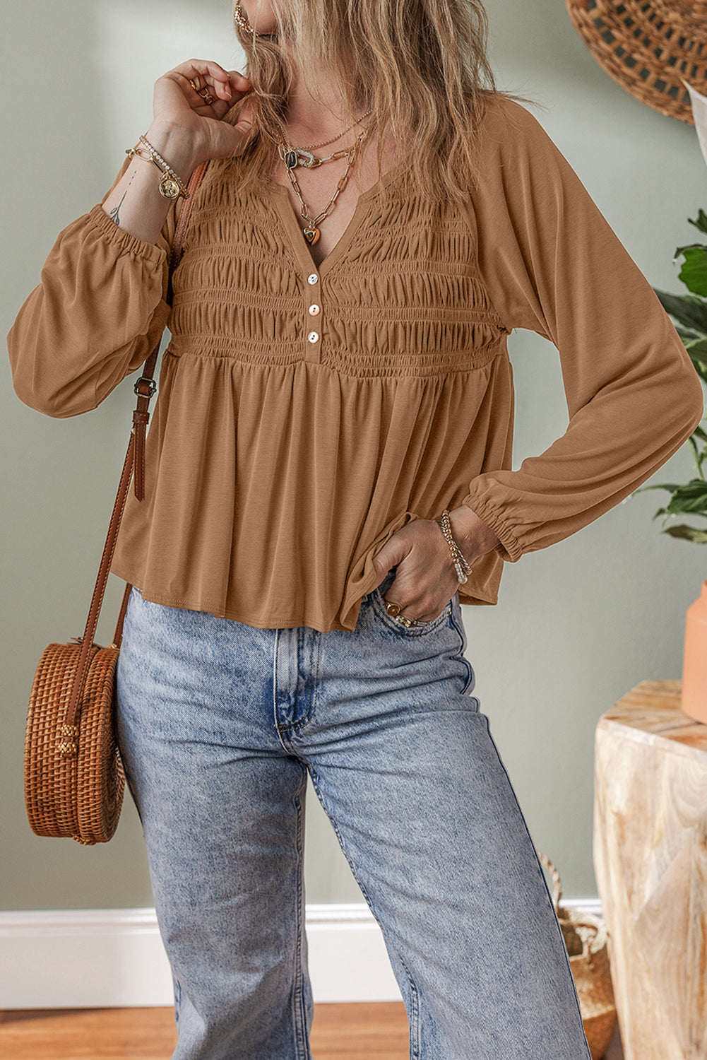 Black Smocked Bust Buttoned Split V Neck Flow Fit Blouse