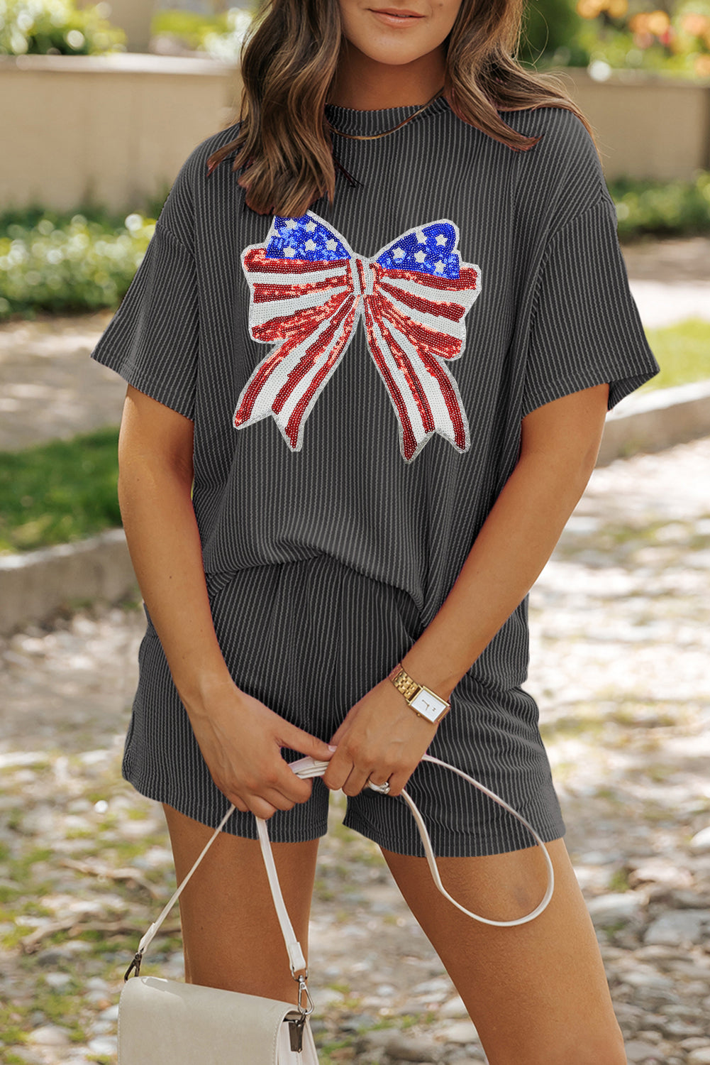Carbon Grey Independence Day Sequin Bow Graphic Twist Rib Textured Short Set