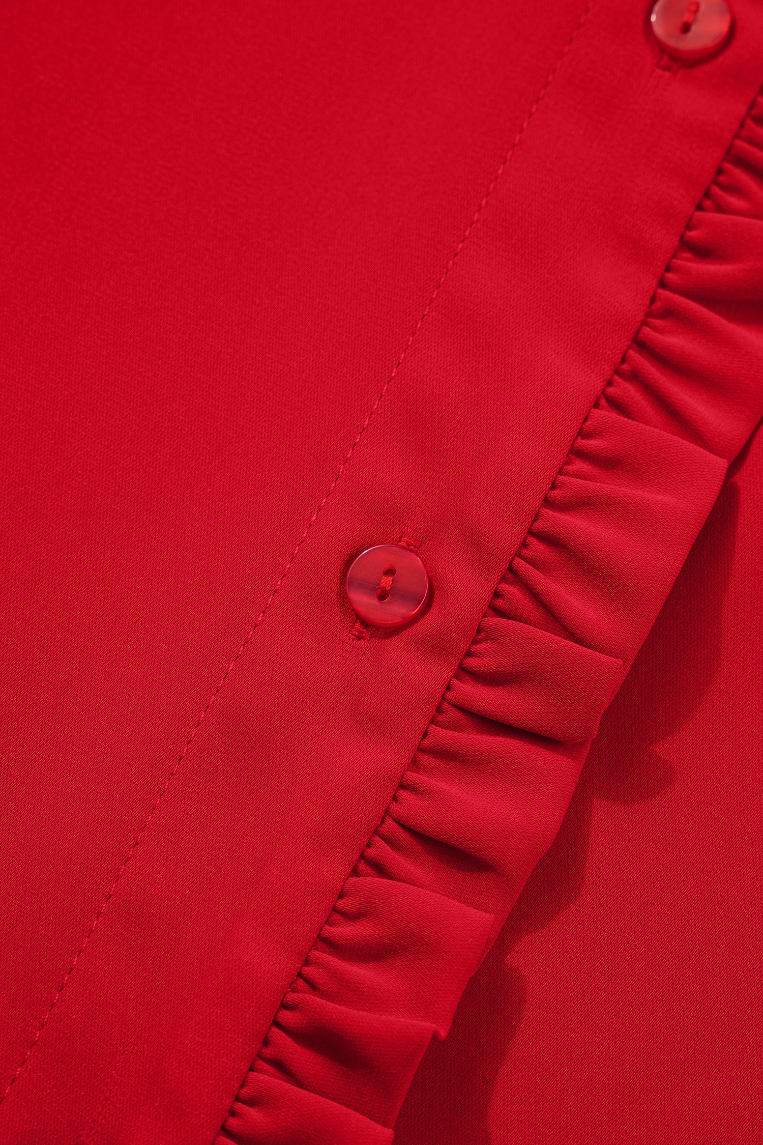 Fiery Red Frilled Trim Button Up Pleated Long Sleeve Shirt
