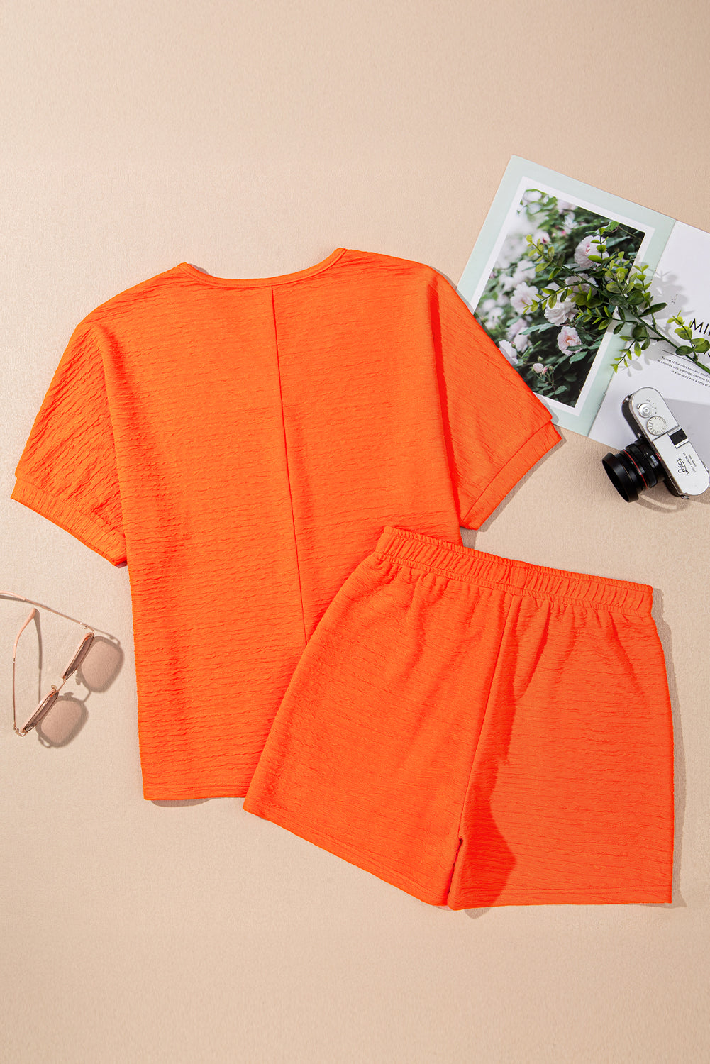 Pink Textured V Neck T Shirt and Shorts Set