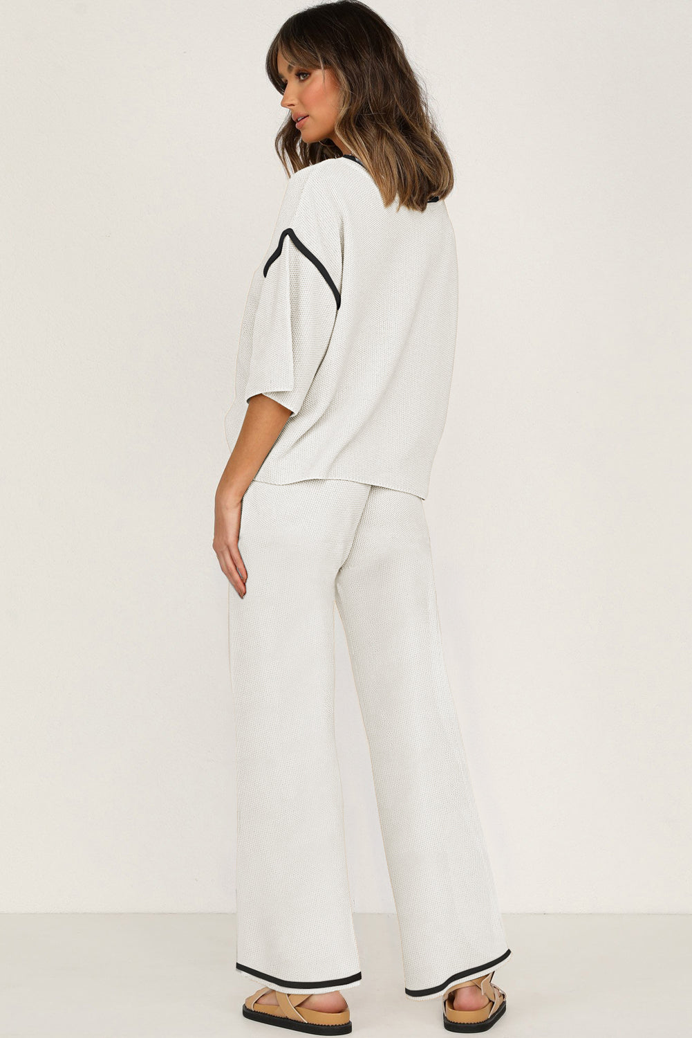 Blackish Green Contrast Trim Half Sleeve Top Drawstring Pants Loose 2pcs Sweater Suit
