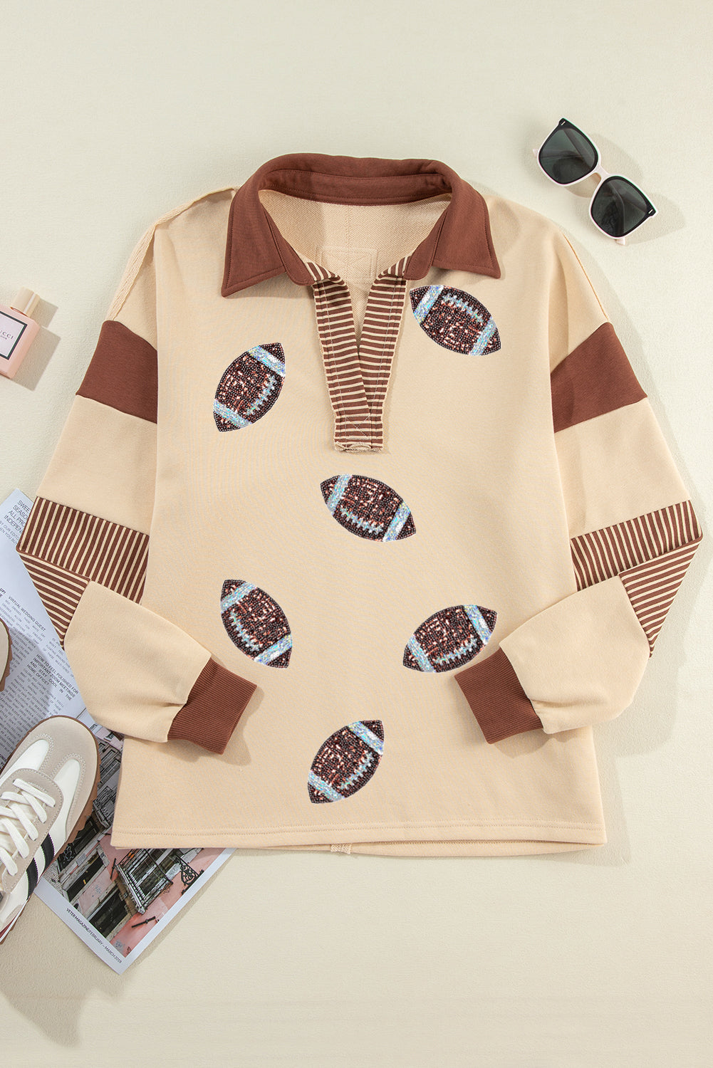Light French Beige Color Block Striped Patchwork Sequin Rugby Graphic Polo Sweatshirt