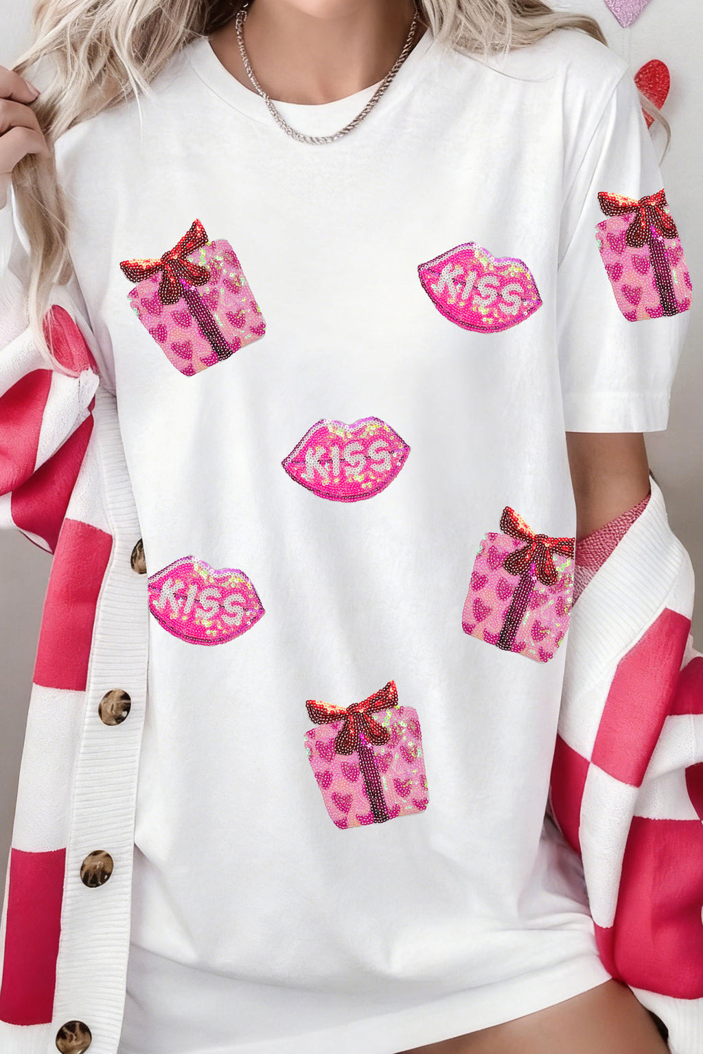 White Valentines Gift Kiss Lip Sequin Graphic T Shirt