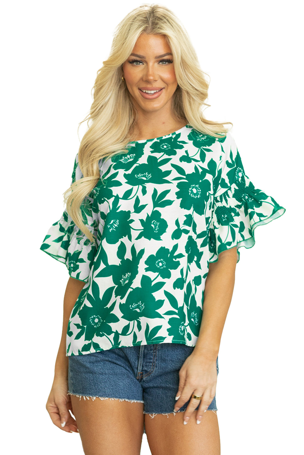 Pink Floral Printed Ruffled Short Sleeve Round Neck Loose Blouse