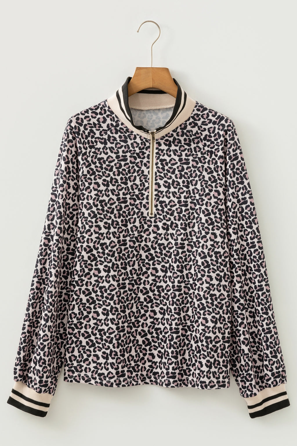 Brown Leopard Print Half Zip Striped Trim Patchwork Short Sleeve Top