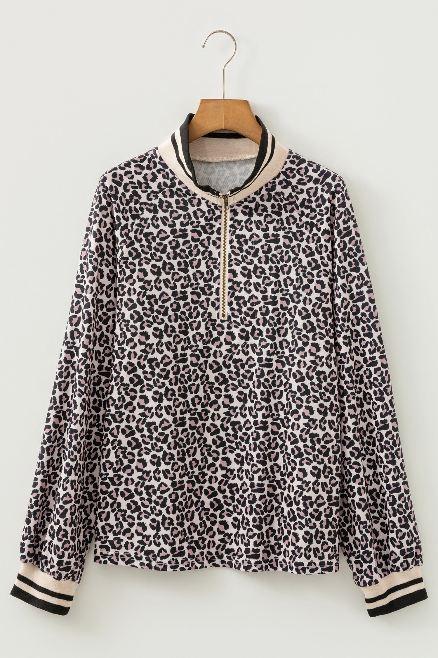 Brown Leopard Print Half Zip Striped Trim Patchwork Short Sleeve Top