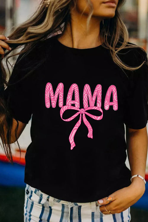 Black MAMA Ribbon Bowknot Graphic Crewneck T Shirt