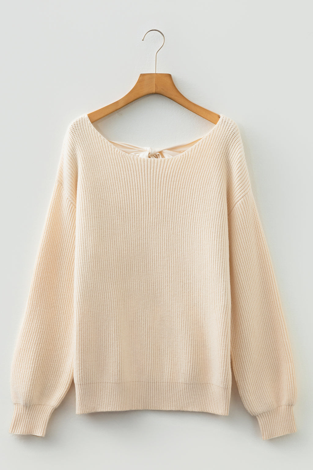 Black Ribbed Knit Ribbon Knot Backless Drop Shoulder Sweater