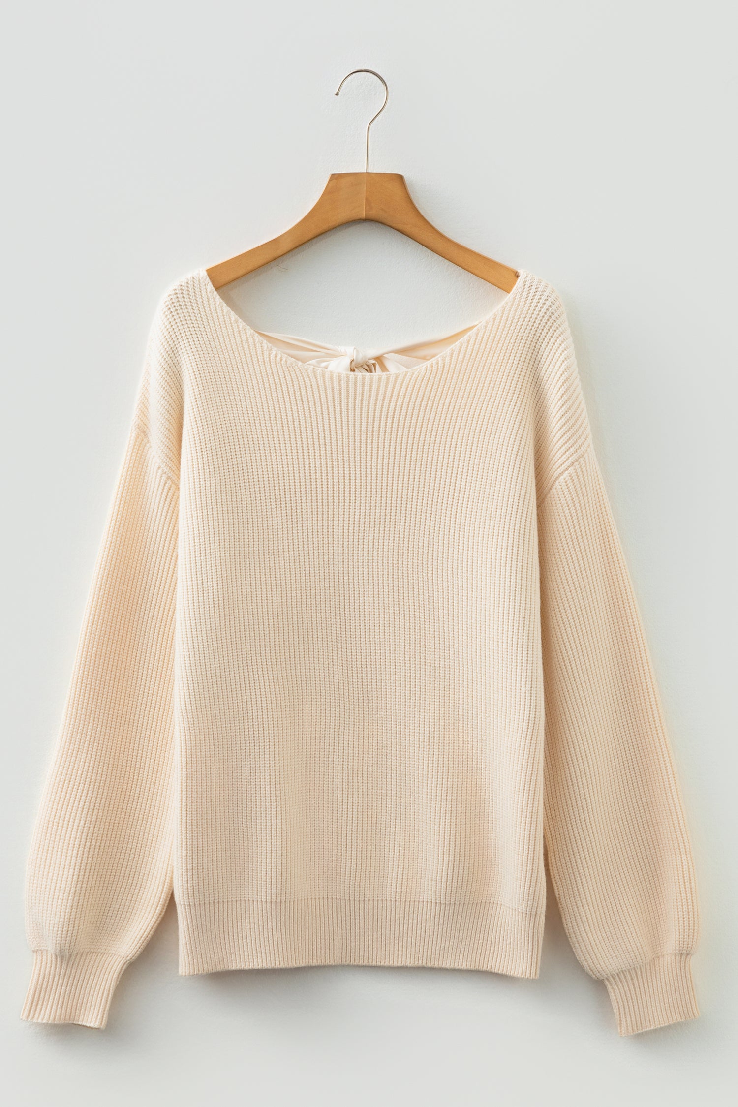 Black Ribbed Knit Ribbon Knot Backless Drop Shoulder Sweater