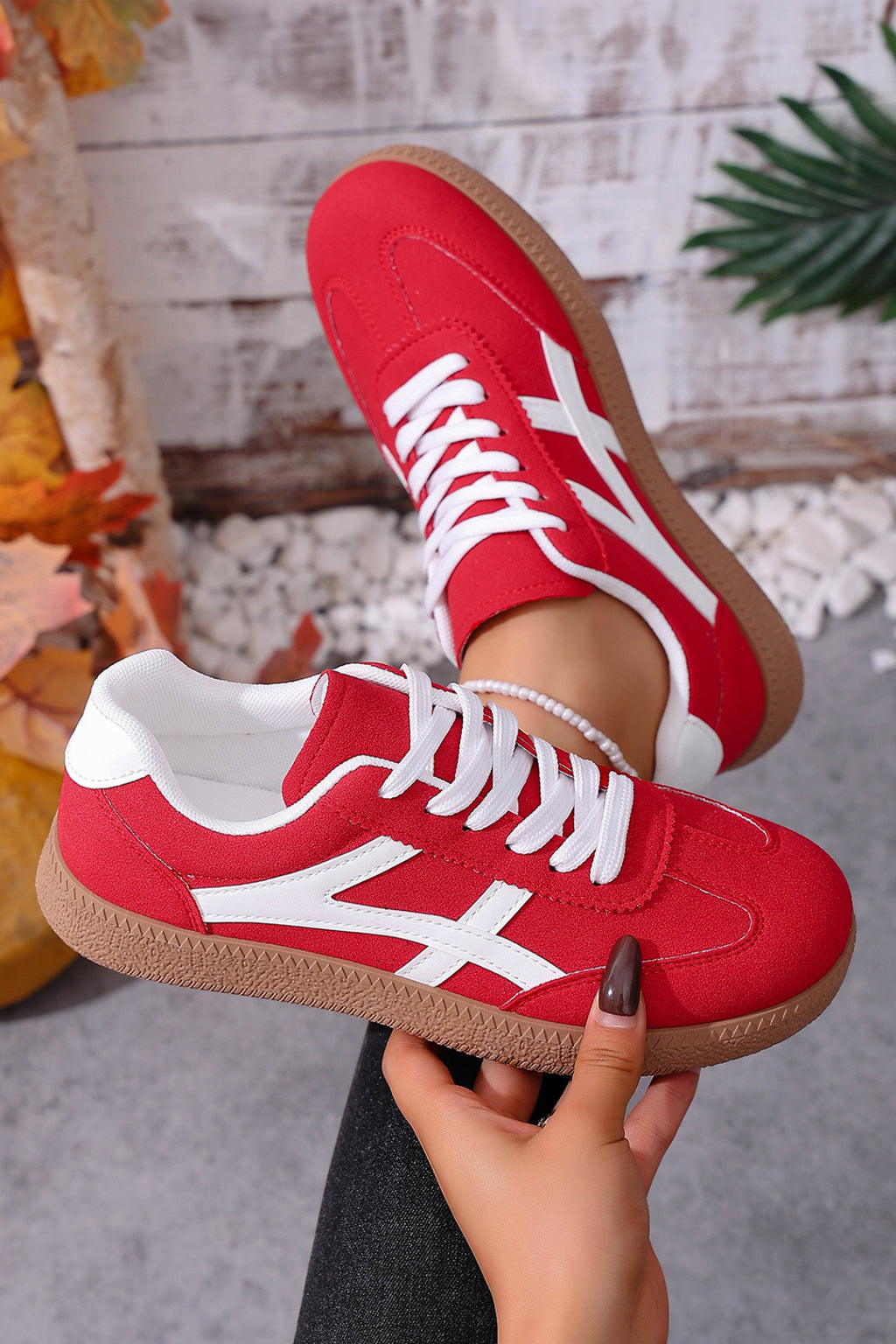 Coffee Faux Suede Contrast Patchwork Detail Lace Up Flat Sneakers