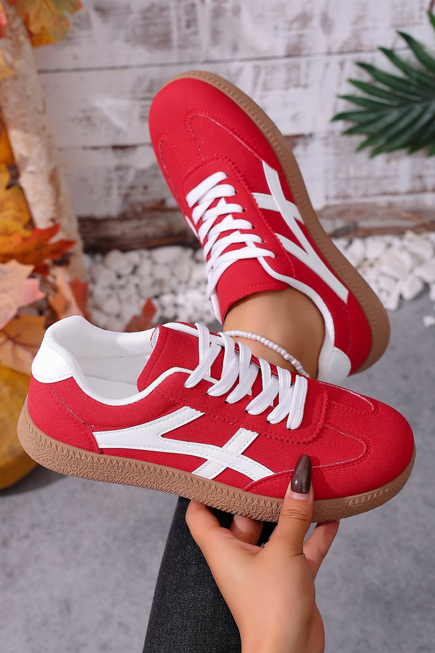 Coffee Faux Suede Contrast Patchwork Detail Lace Up Flat Sneakers