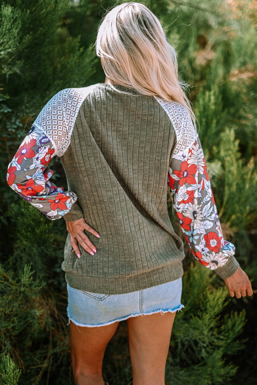 Vineyard Green Plus Size Textured Floral Patchwork Raglan Sleeve Blouse