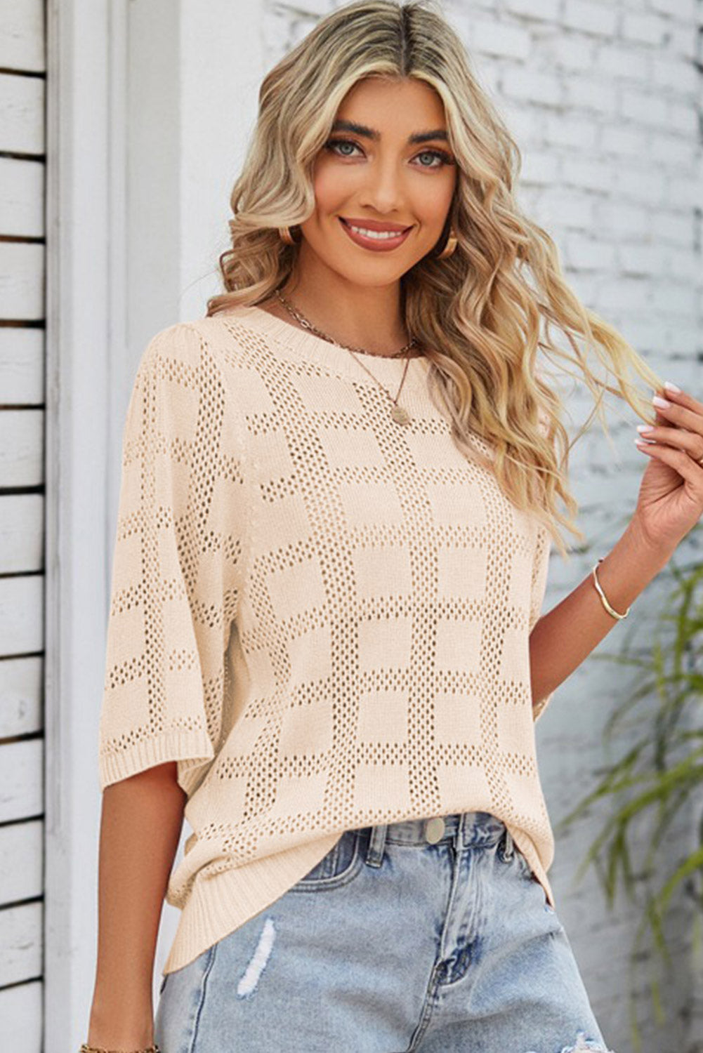 White Plaid Pattern Crochet Knit Short Sleeve Sweater