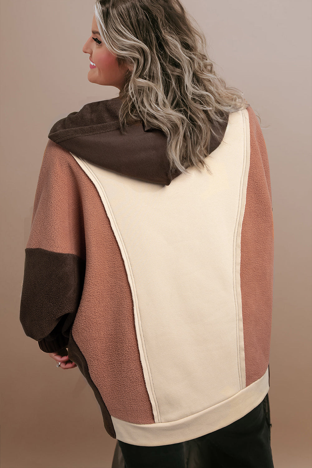 Beige Oversized Color Block Patchwork High Low Hoodie