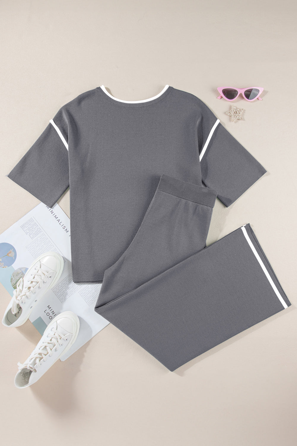 Blackish Green Contrast Trim Half Sleeve Top Drawstring Pants Loose 2pcs Sweater Suit