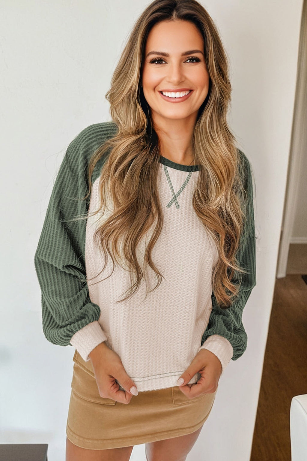 Mist Green Plus Size Waffled Color Block Long Sleeve Top