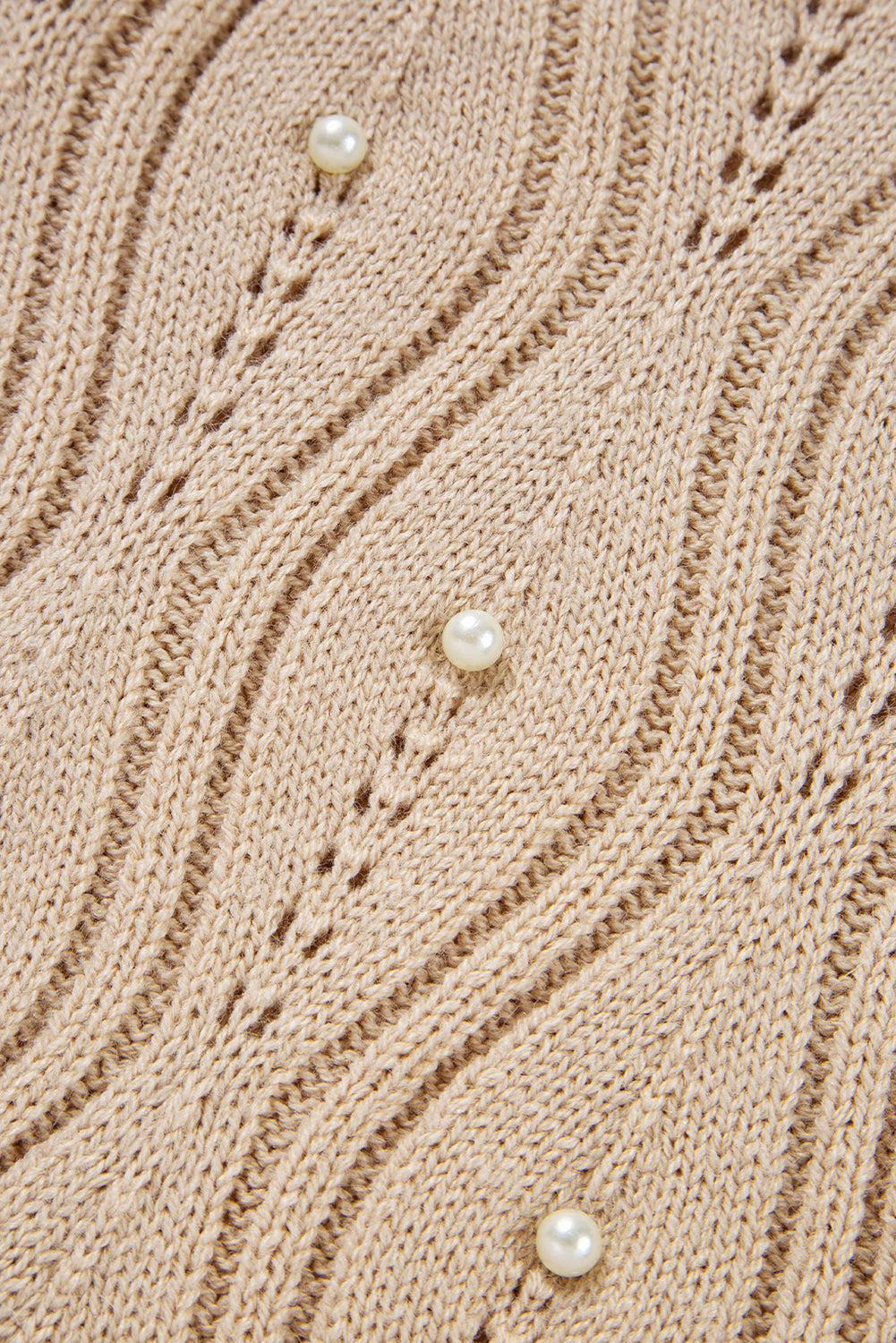 Smoke Gray Pearl Beaded Pointelle Knit V Neck Lace Patchwork Sleeve Sweater