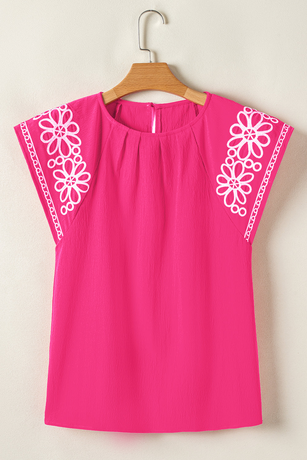 Strawberry Pink Floral Embroidered Flutter Sleeve Pleated O Neck Plus Size Blouse