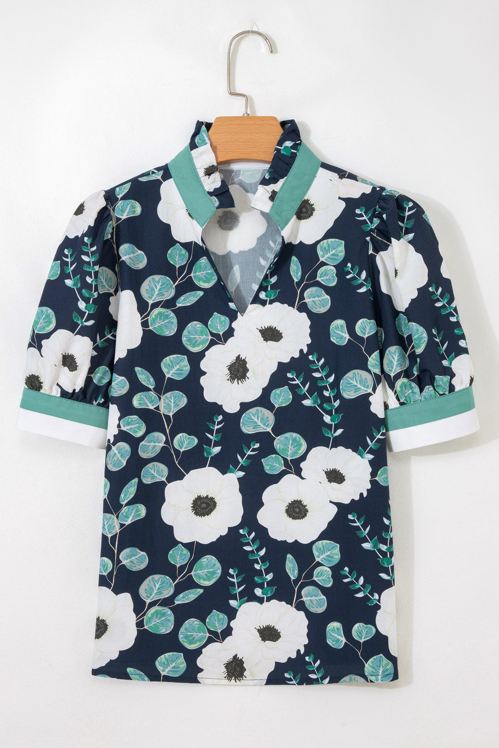 Blue Floral Print Striped Patchwork V Neck Short Sleeve Blouse