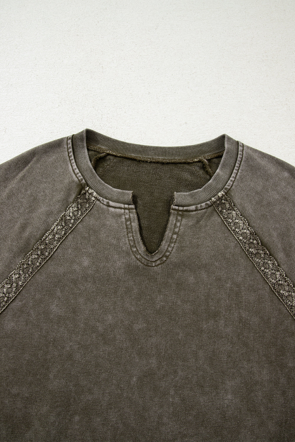 Jungle Green Lace Patchwork Detail Notched Neck Mineral Wash Baggy Sweatshirt