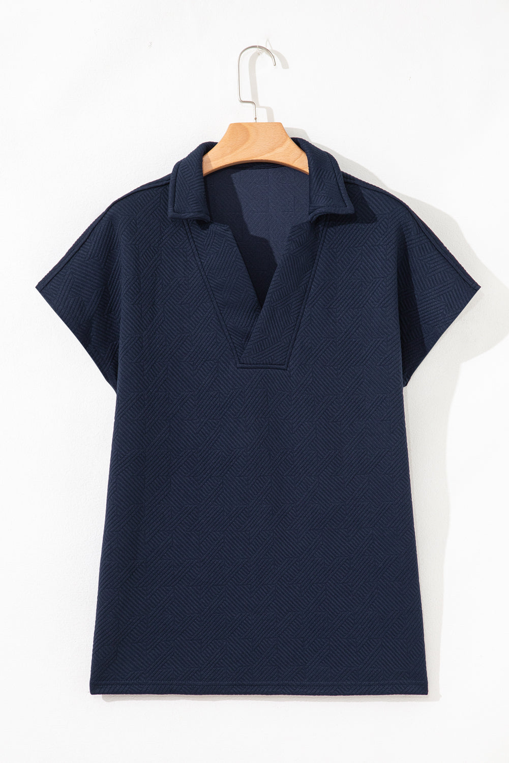 Rose Red Textured V Neck Collared Short Sleeve Top