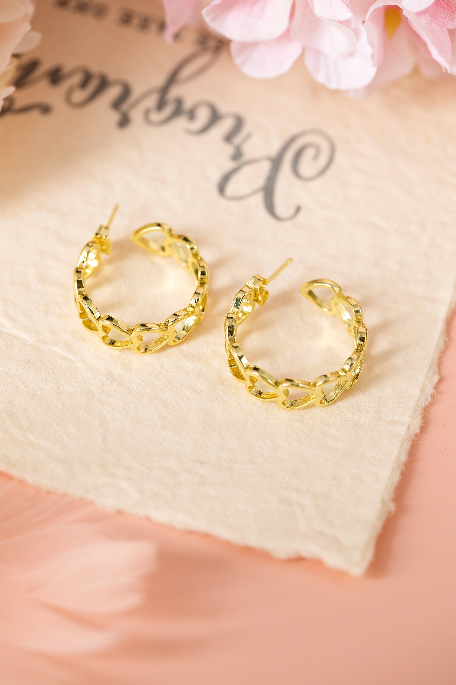 Gold Plated Heart Link Hoop Stud Earrings