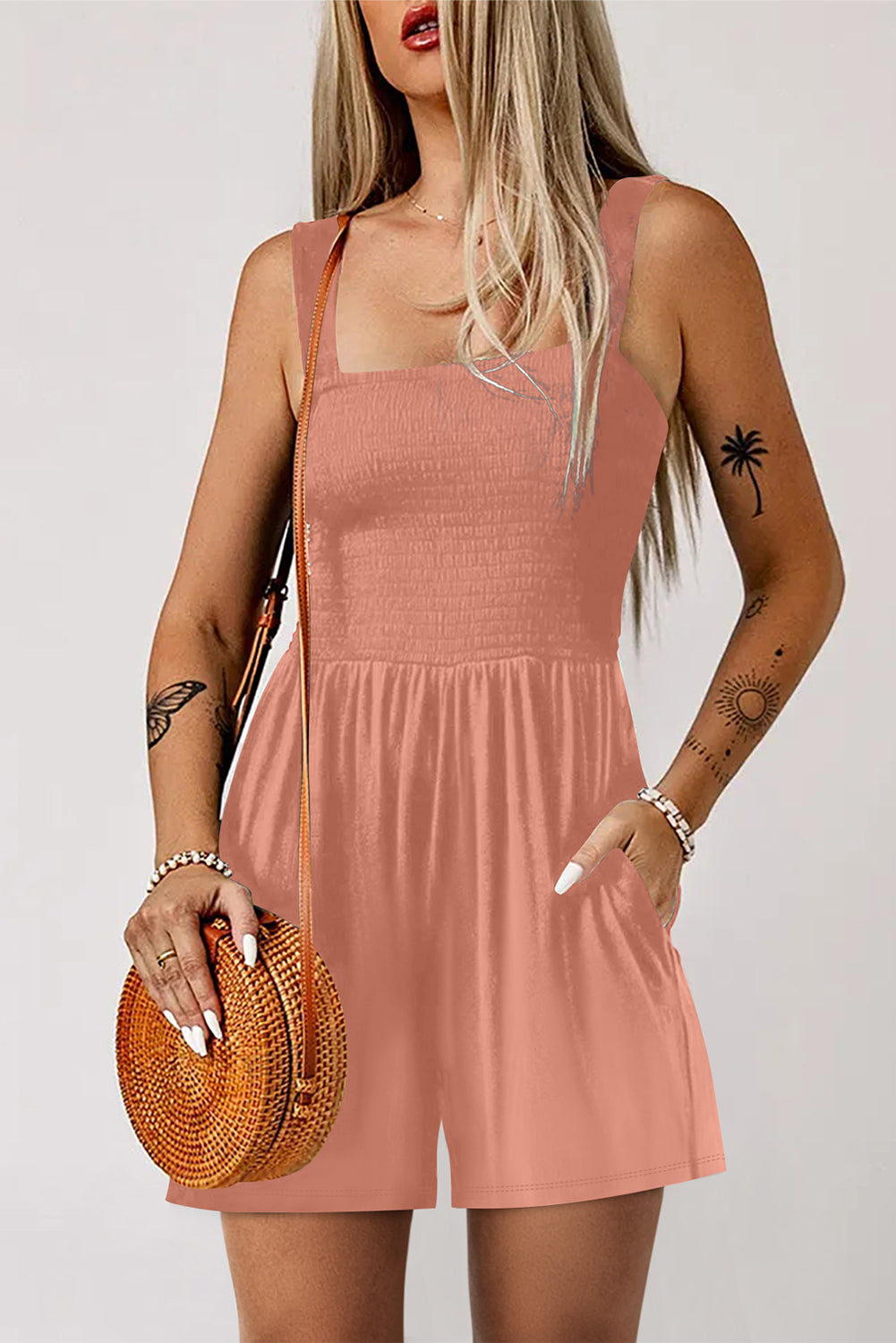 Burgundy Casual Pocketed Smocked Sleeveless Romper
