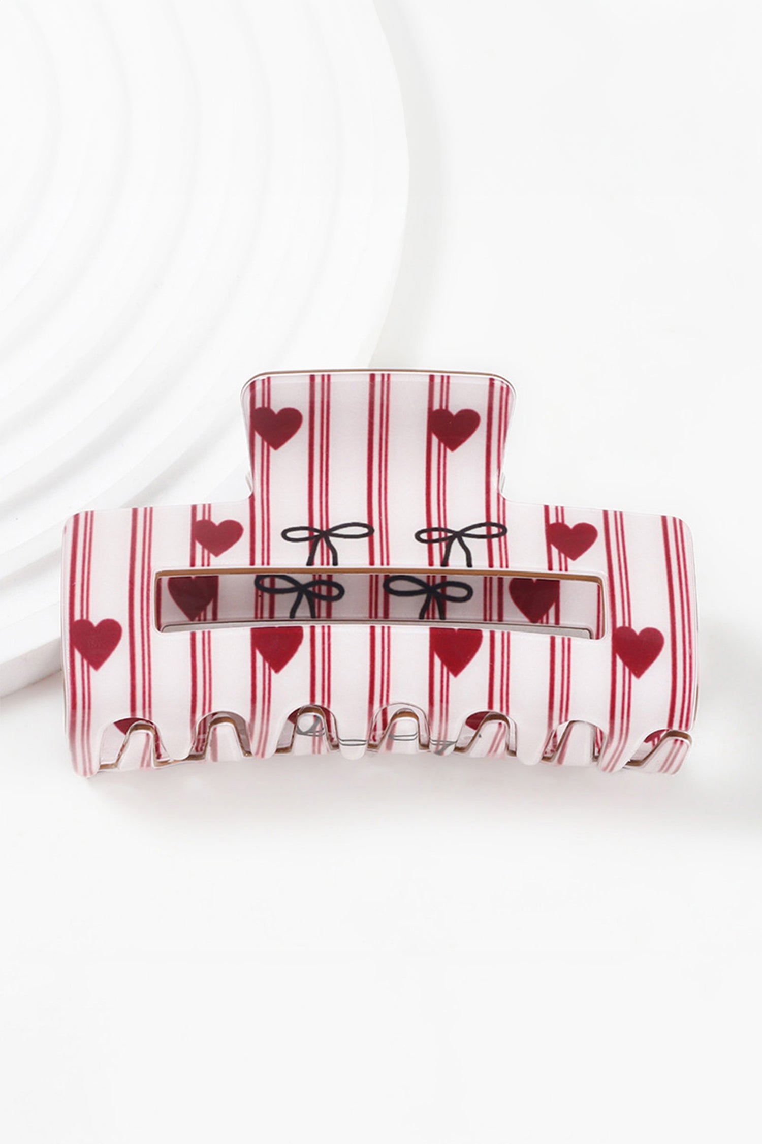 Fiery Red Striped Heart Contrast Bow Printed Rectangle Hair Claw Clip