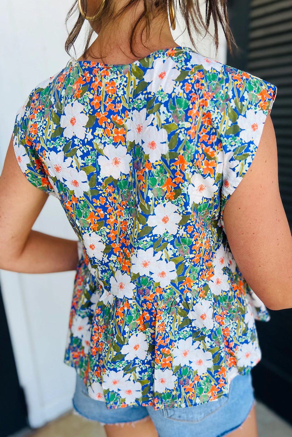 Rose Green Floral Print Bow Applique Slit Sleeveless Peplum Blouse
