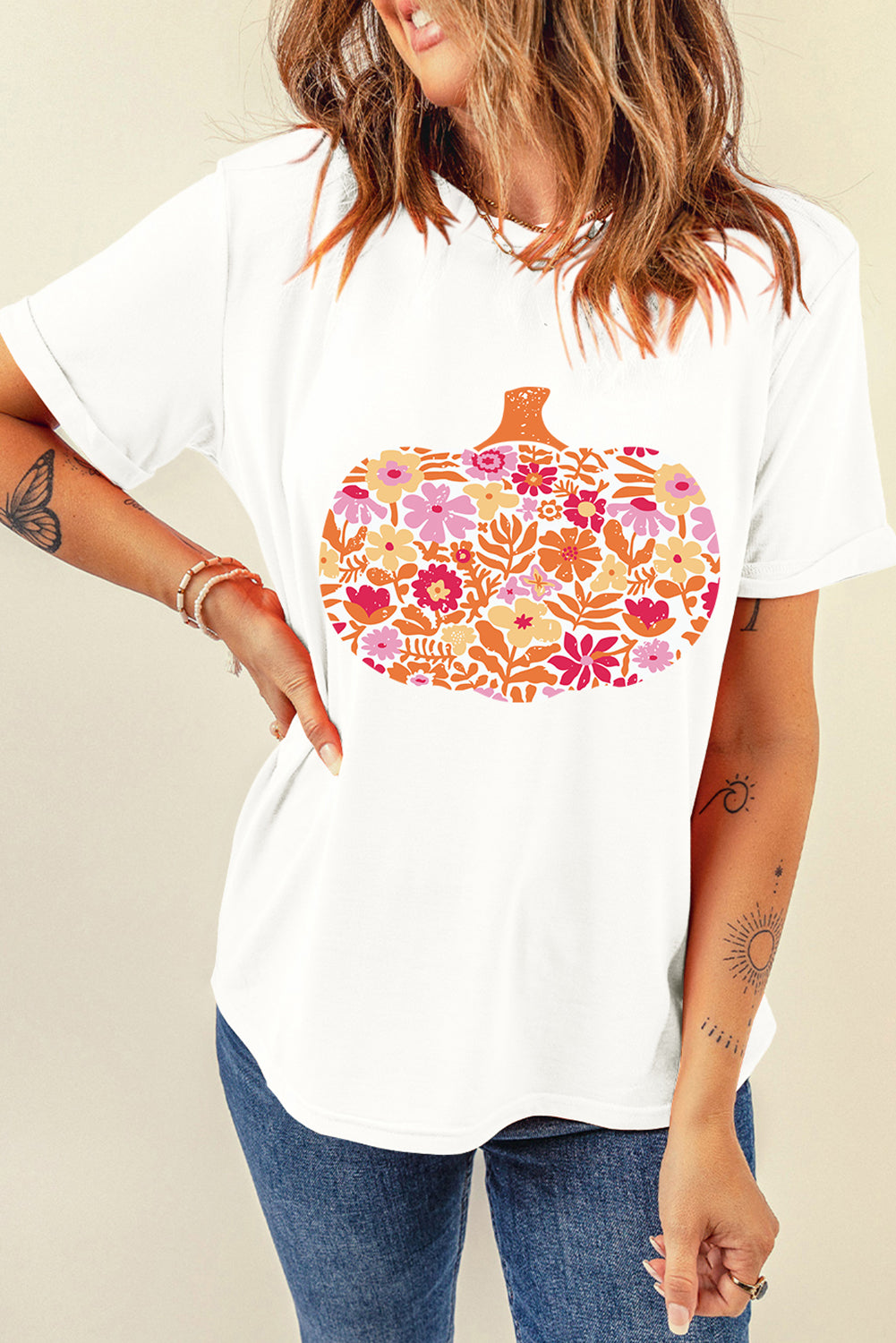 White Floral Pumpkin Cracking Print Thanksgiving Fashion T Shirt