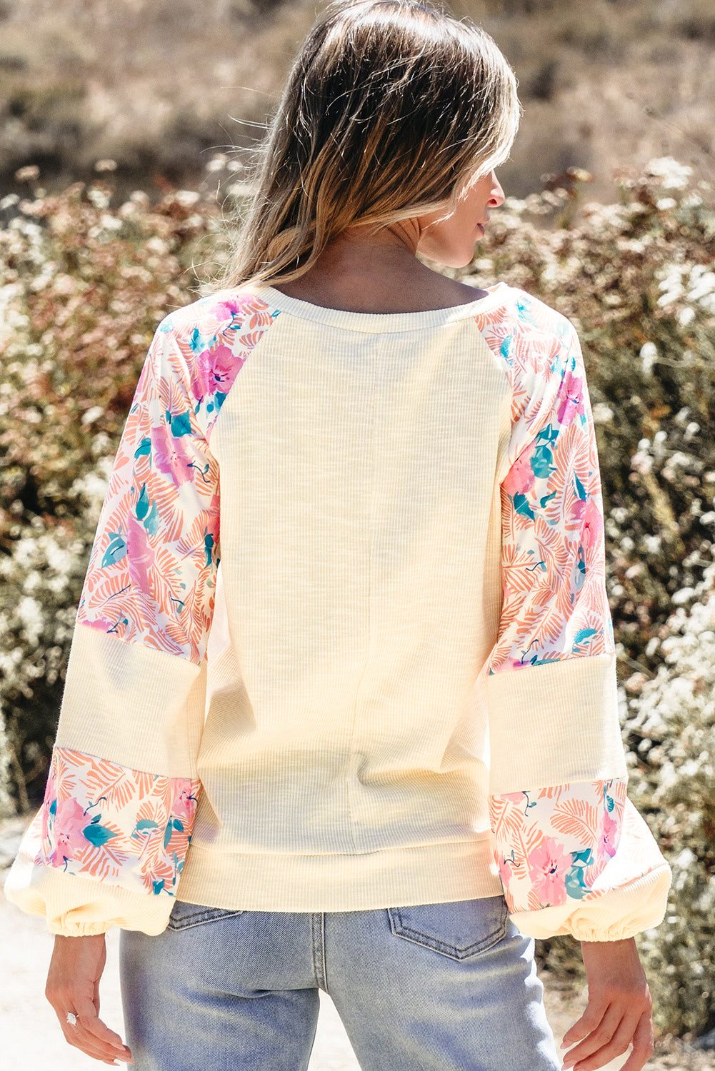Apricot Plus Size Floral Patchwork Ribbed Puff Sleeve Top