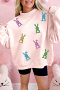 Apricot Pink Glittery Bunny Patched Mock Neck Sweatshirt