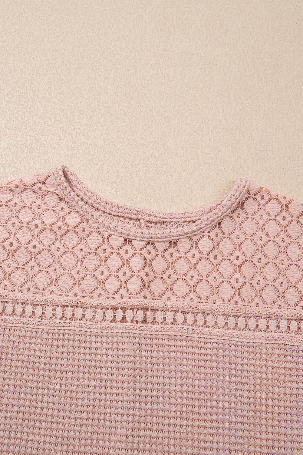 Mist Green Lace Patchwork Waffle Short Sleeve Top