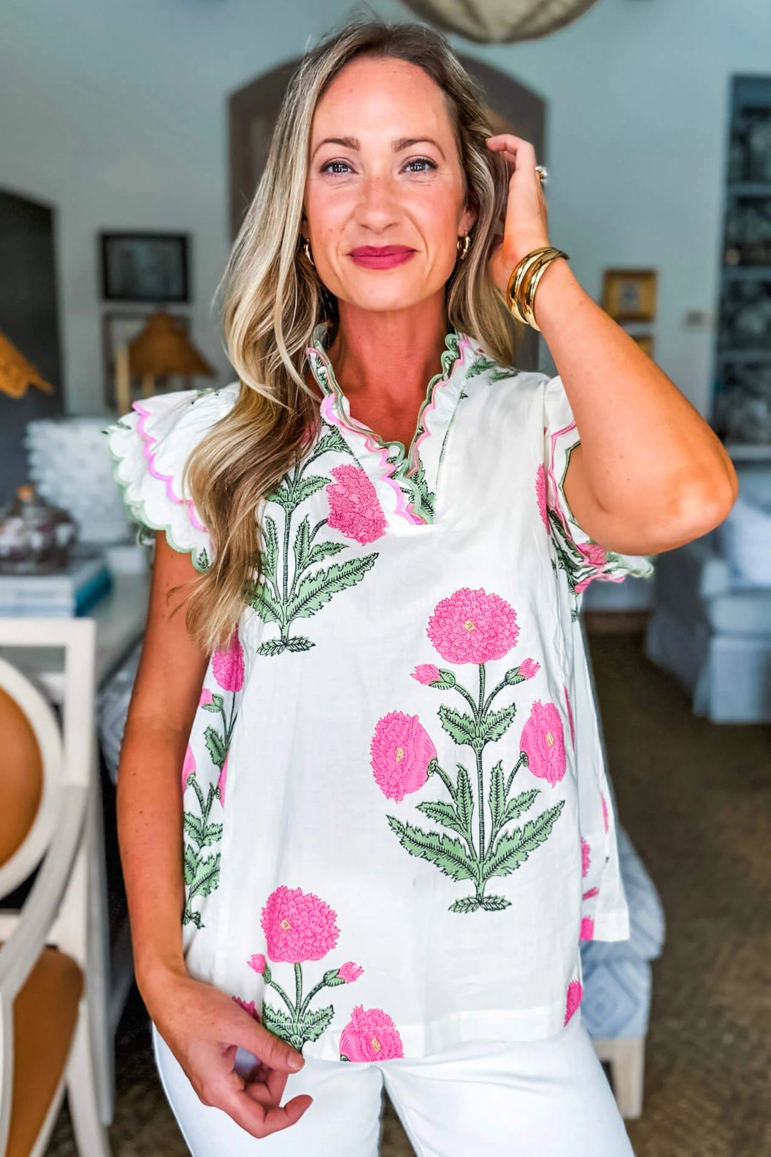 Blue Wild Flower Print Contrast Trim Scallop Detail Short Sleeve Blouse