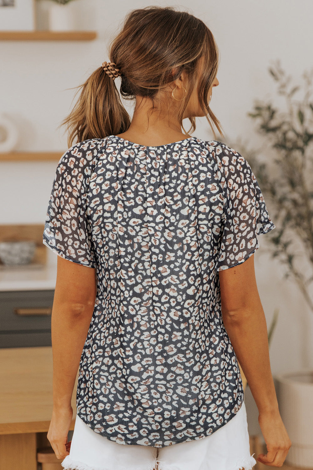 Blue Flutter Sleeve V Neck Floral Summer Blouse