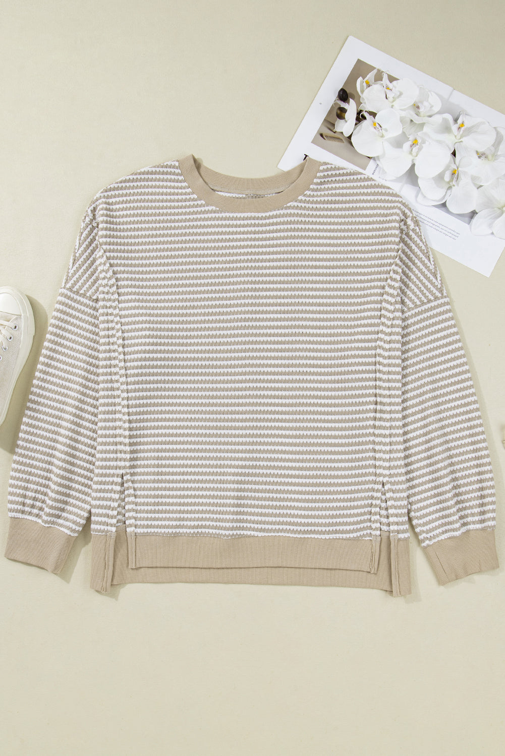 Red Stripe Ribbed Trim Drop Shoulder Long Sleeve Oversize Top