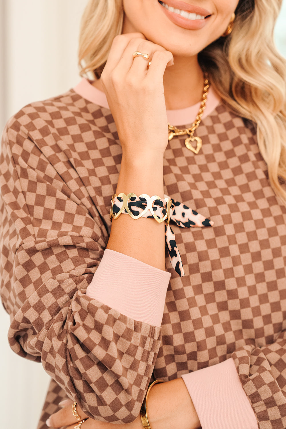Camel Leopard Ribbon Twine Around Gold Plated Heart Bracelet