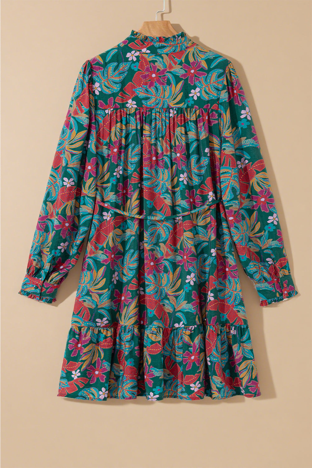 Green Floral Friled V Neck Puff Sleeve Ruffled Shirt Dress