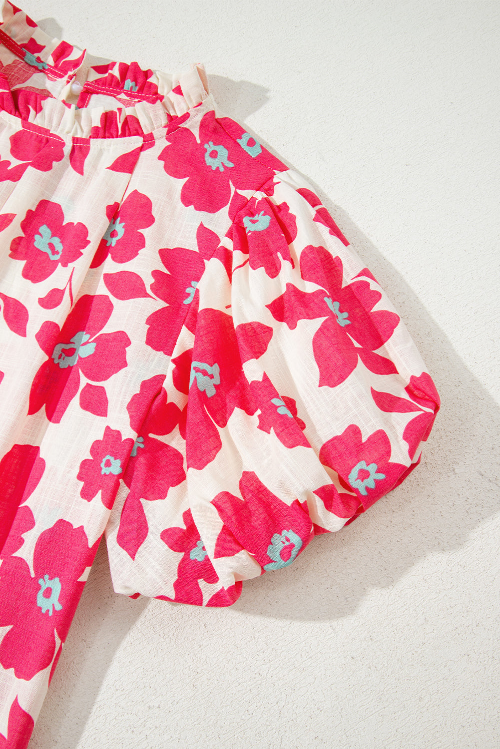 Pink Frilled Neck Short Puff Sleeve Floral Blouse