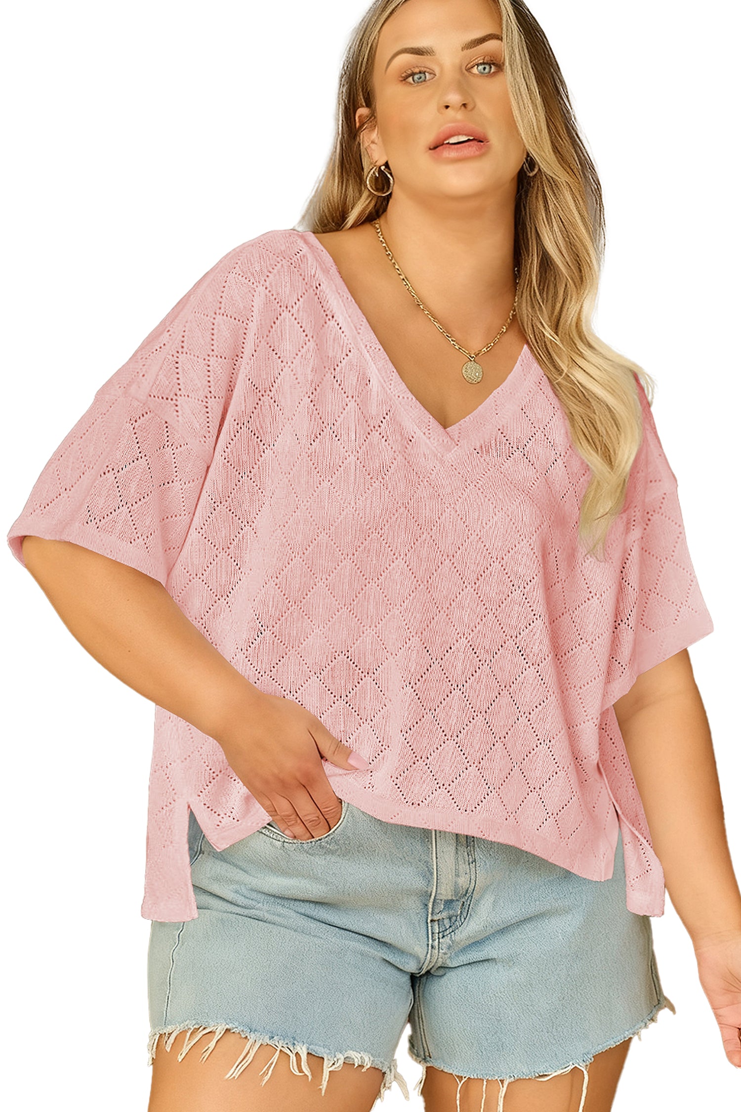 White Pointelle Rhombus Knit Plus Size V Neck Loose Top