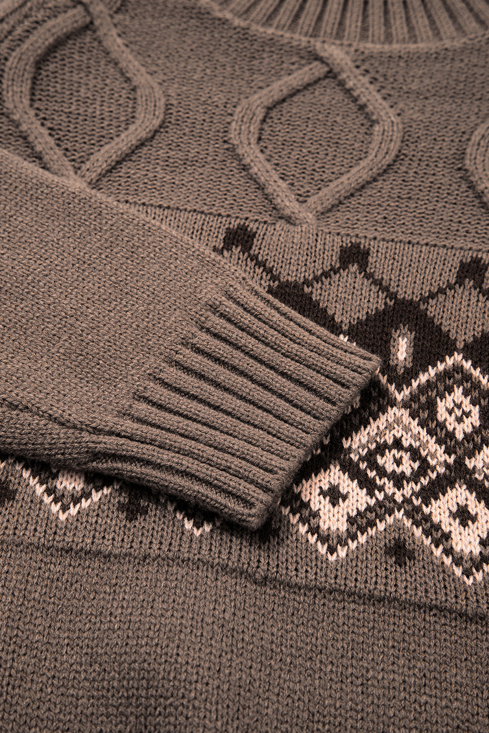 Light French Beige Western Geometric Patterned Crew Neck Knitted Sweater