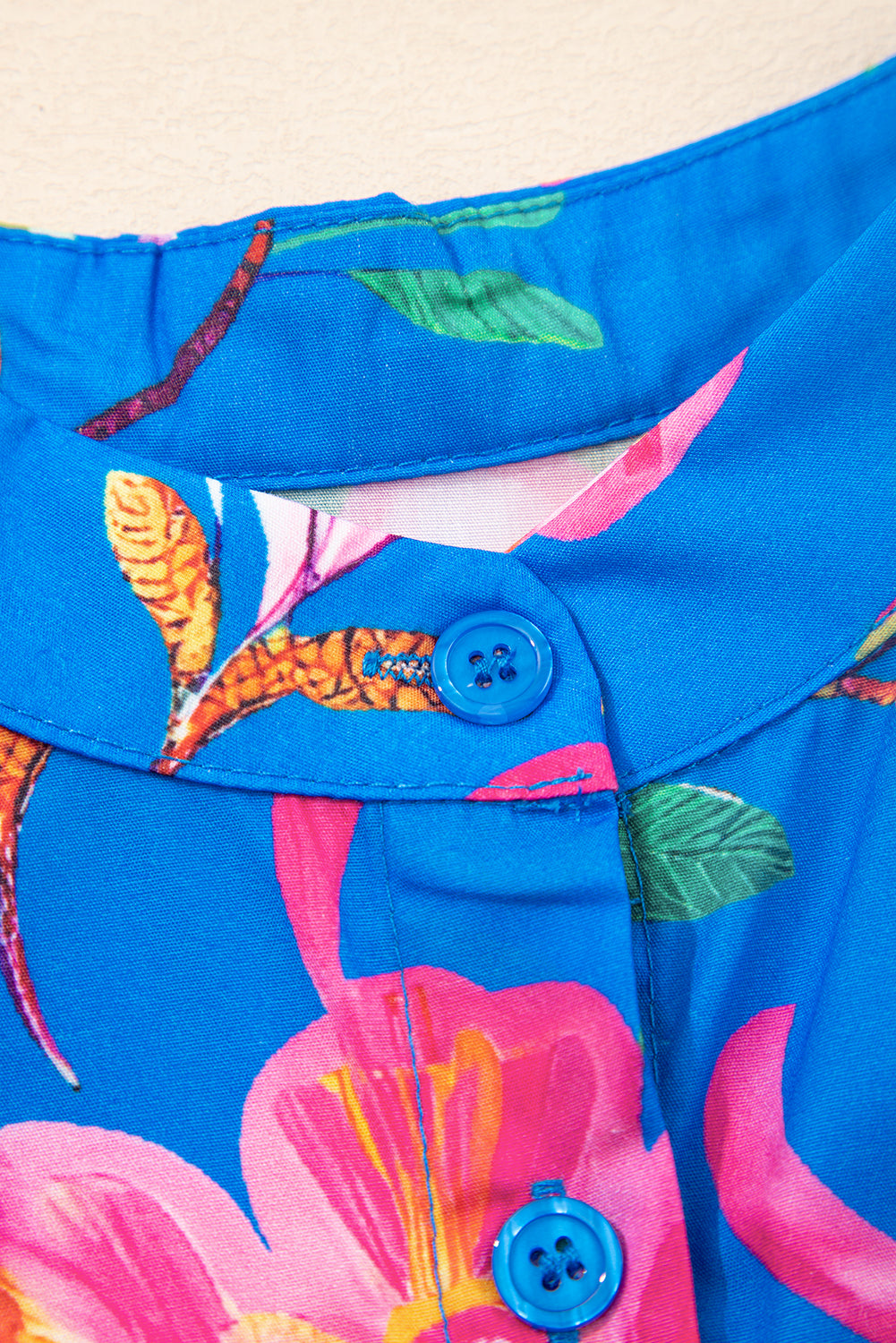 Blue Floral Short Puff Sleeve Button Up Shirt