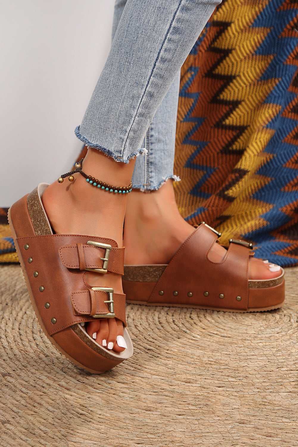 Chestnut Suede Buckle Decor Footbed Sandal Slippers